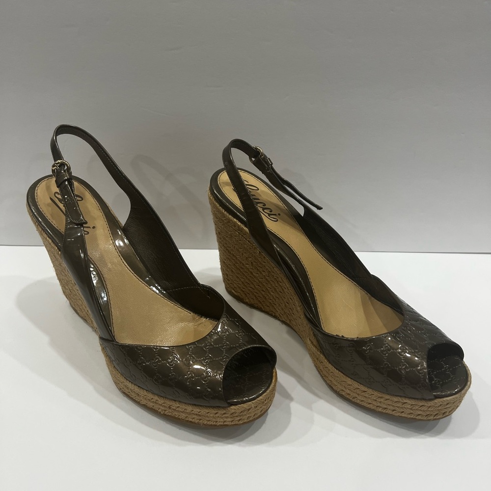 Authentic Gucci Monogram GG Bronze Metallic Patent Leather Wedge Slingback